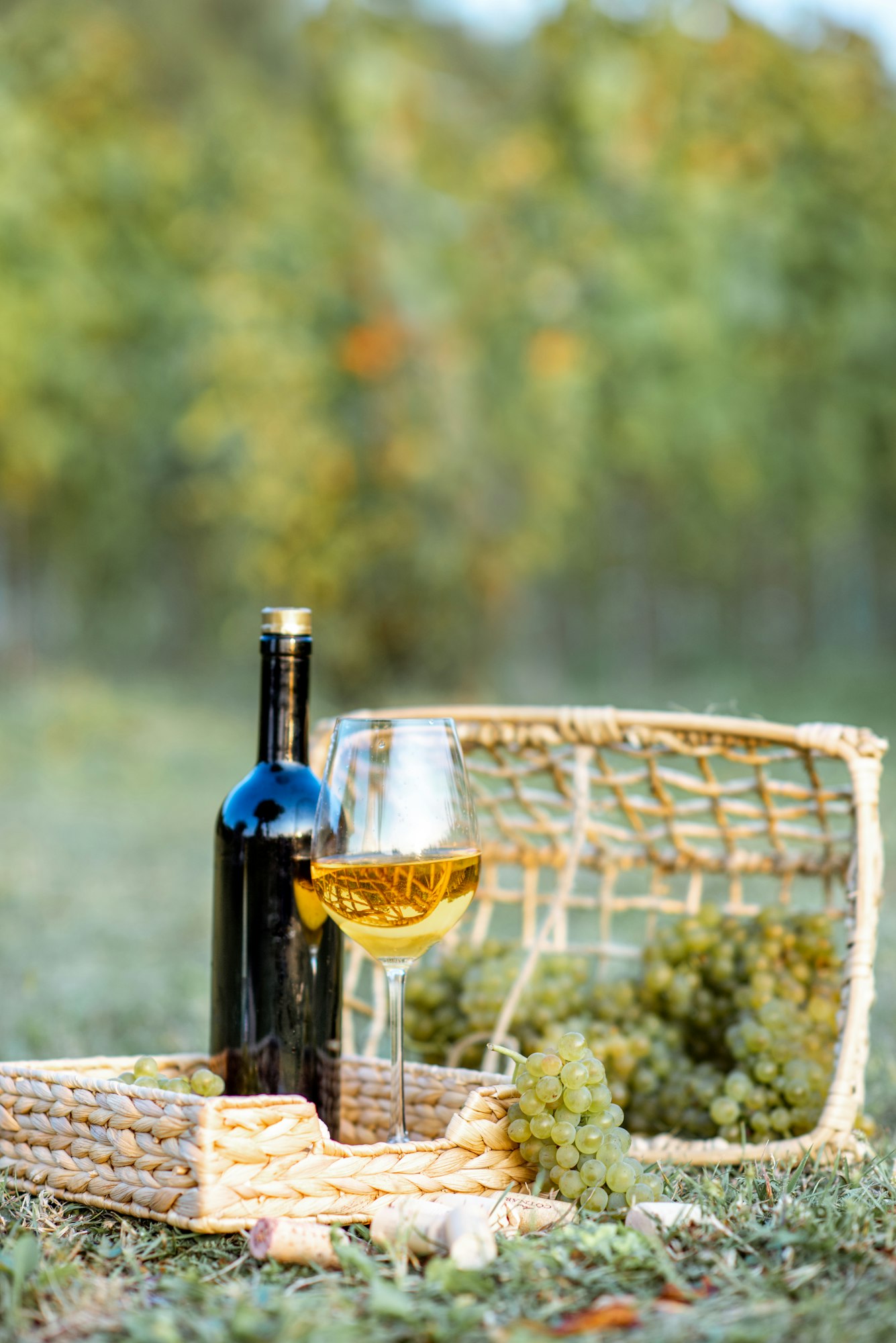 wine glass and bottle with grapes on the winyard
